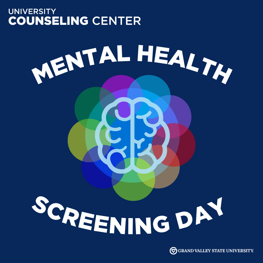 Mental Health Screening Day graphic by University Counseling Center. Features a brain graphic over colorful circles on a dark blue background.